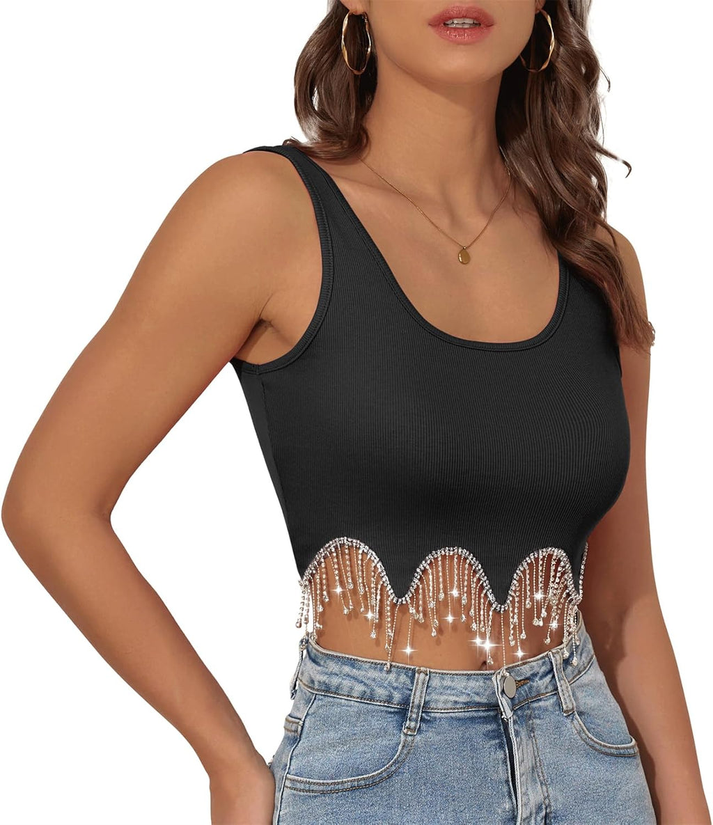 Crop Tops för kvinnor strass frans topp glittrande damlinnen paljett glitter beskuren tank konsert Y2K toppar vit liten (ljusblå, L), Vitt