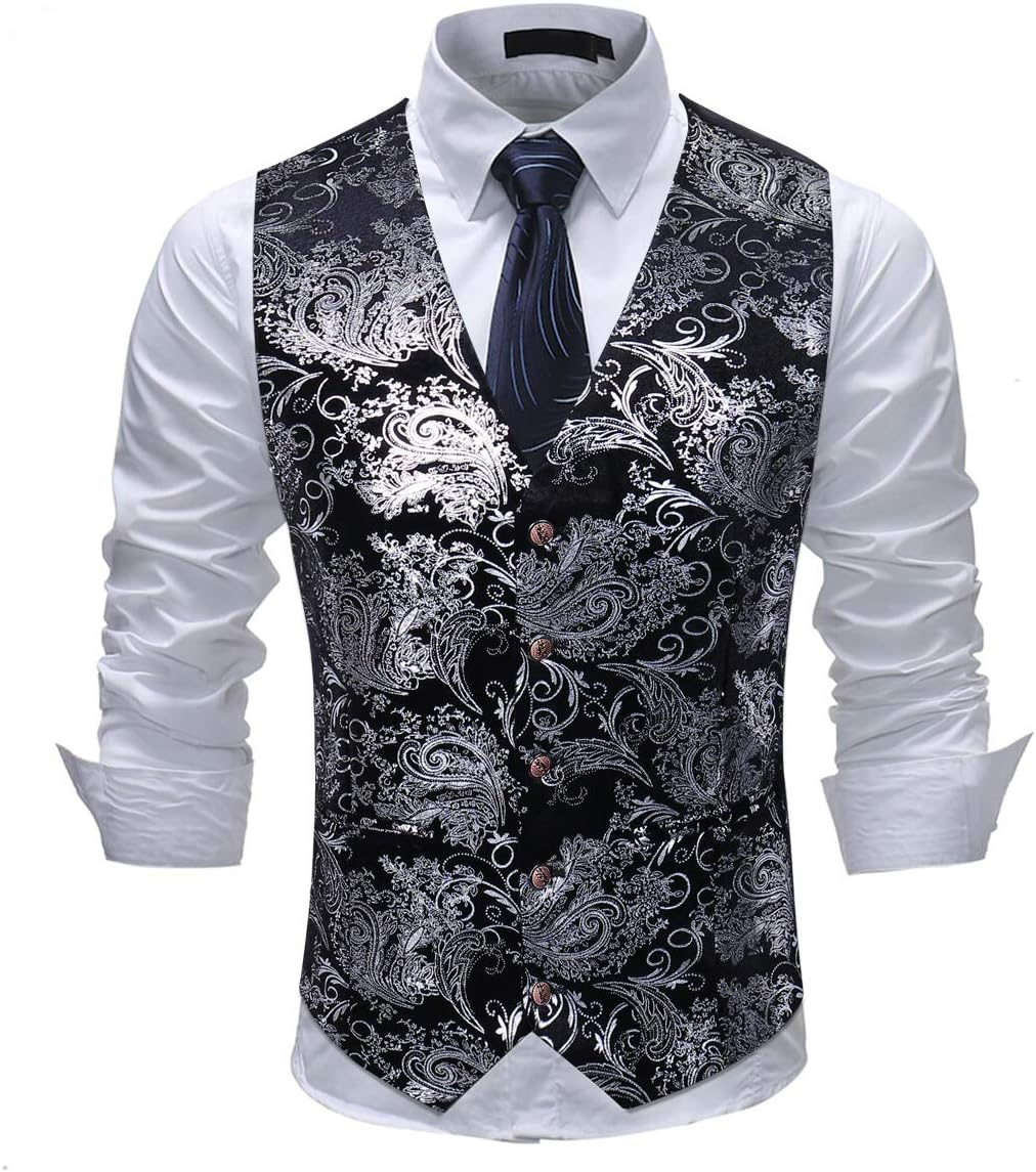 Paisley jacquard-kostym, väst för män, enkel knäppt väst, stilig, smal passform, med knäppning, bal, formell kostym