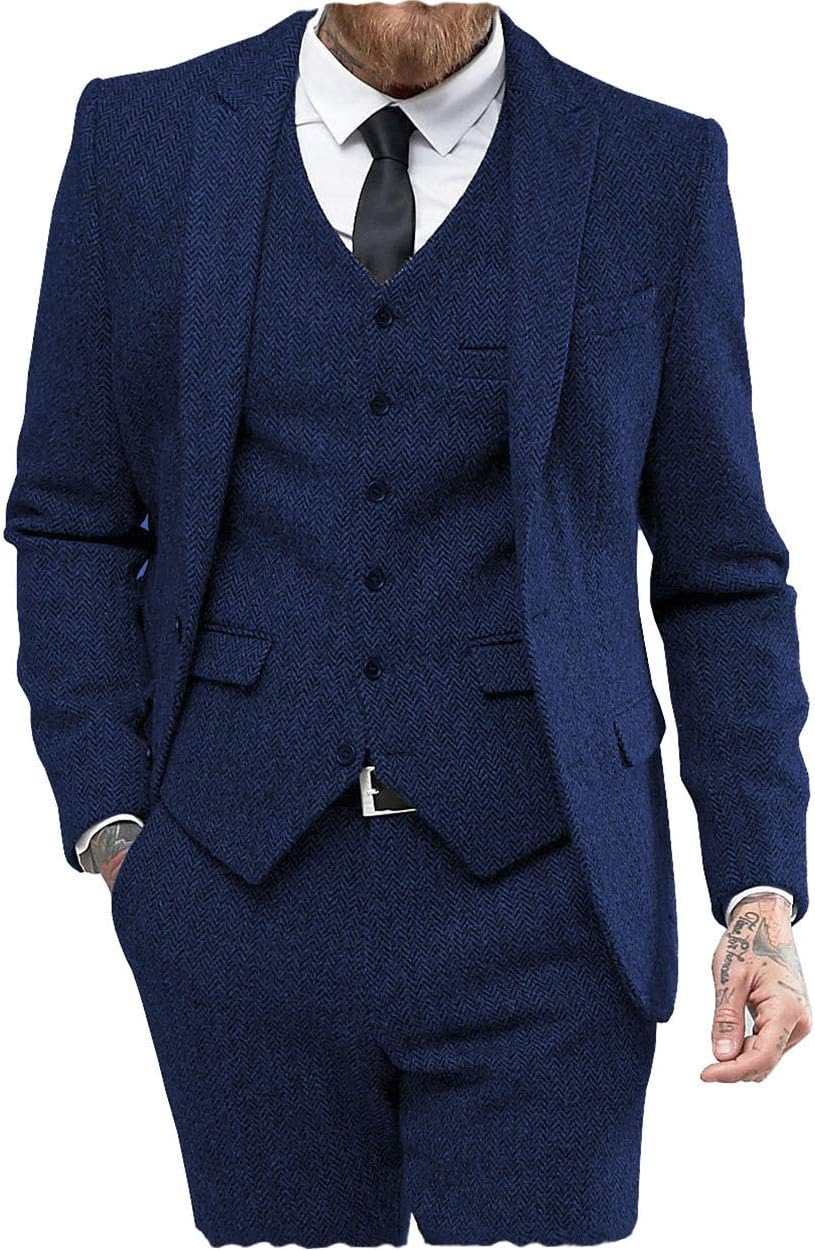 Klassiska herrkostymer normal passform 3 delar ull tweed fiskben by smoking bröllop brudgum blazer + väst + byxor