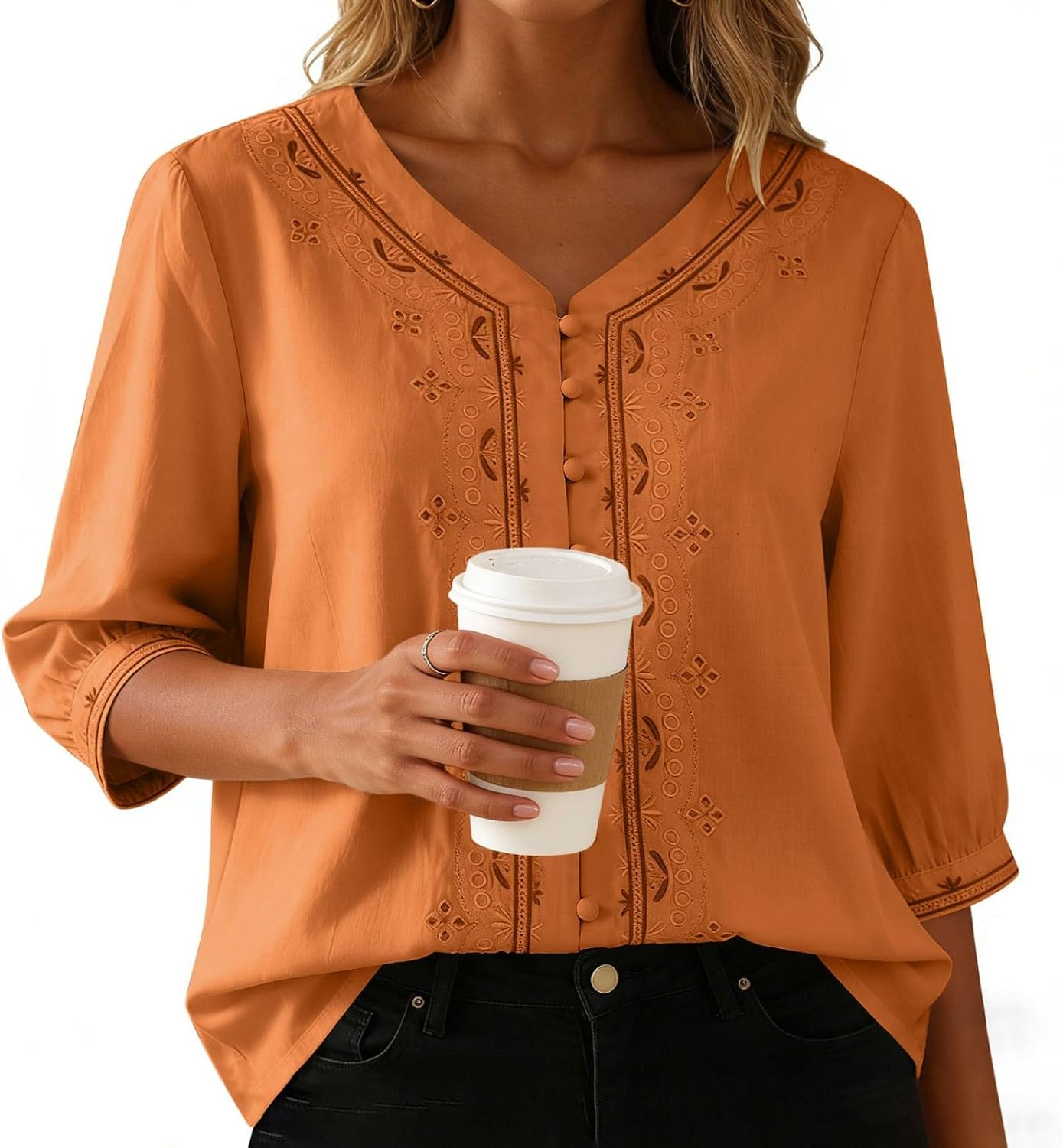Kvinnors boho toppar bomull linne halvärm v-ringad retro broderade skjortor groda knapp kinesisk stil skjorta damer lös ledig sommar topp