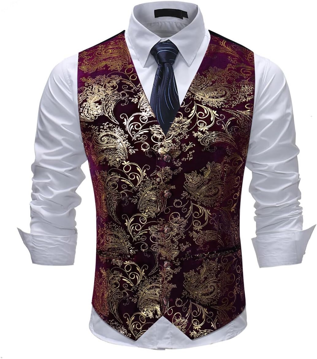 Paisley jacquard-kostym, väst för män, enkel knäppt väst, stilig, smal passform, med knäppning, bal, formell kostym