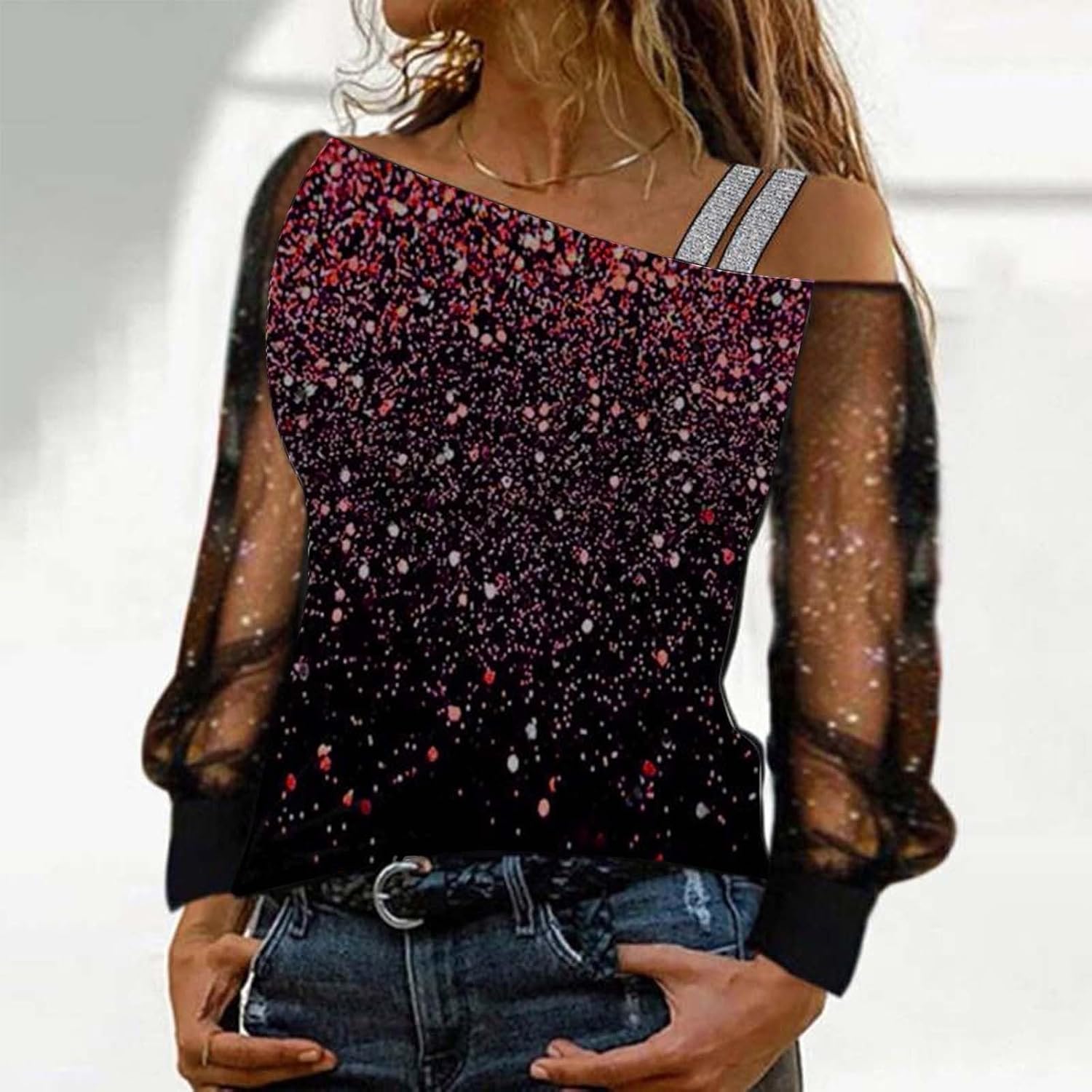 Elegant damskjorta paljetter nyår axellös elegant nät med paljetter plus storlek t-shirts för fest och kväll cocktail ceremoni kurviga toppar långärmad glitter blus 2025