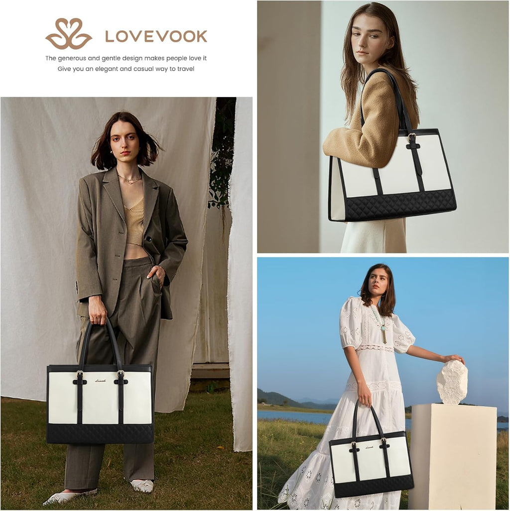 LOVEVOOK Stor damhandväska med laptop- och iPad-skyddsfack, 7 fickor, justerbar axelrem och kuvert, perfekt för arbete och universitet