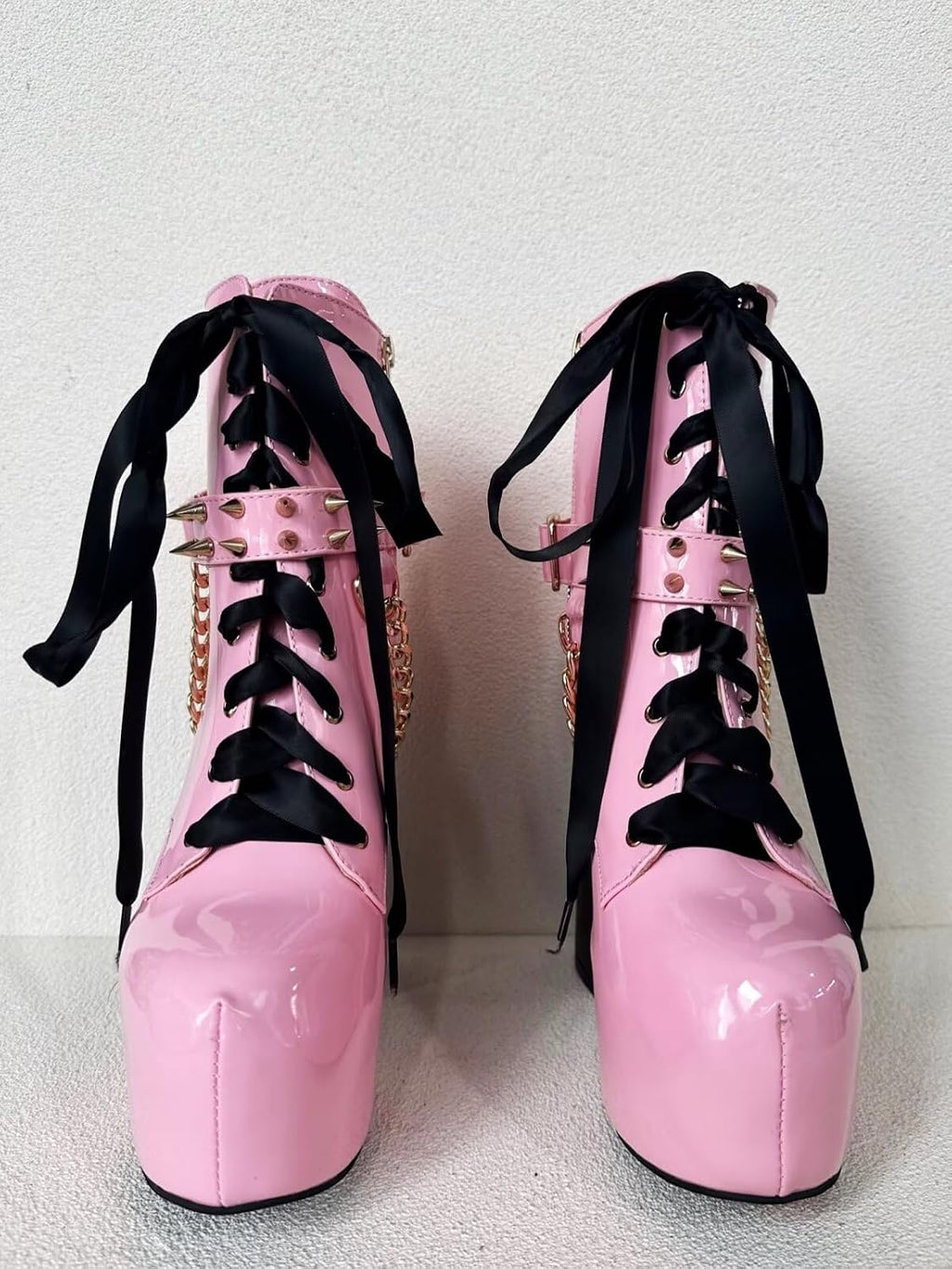 Frankie Hsu Sexig Chunky Plattform Ankel Högklackad Bootie, Söt Härlig Rosa Patent Guldkedja Nitar Lollita Gotisk Boot, Stor Stor Storlek US5-19 Skor för Kvinnor Män