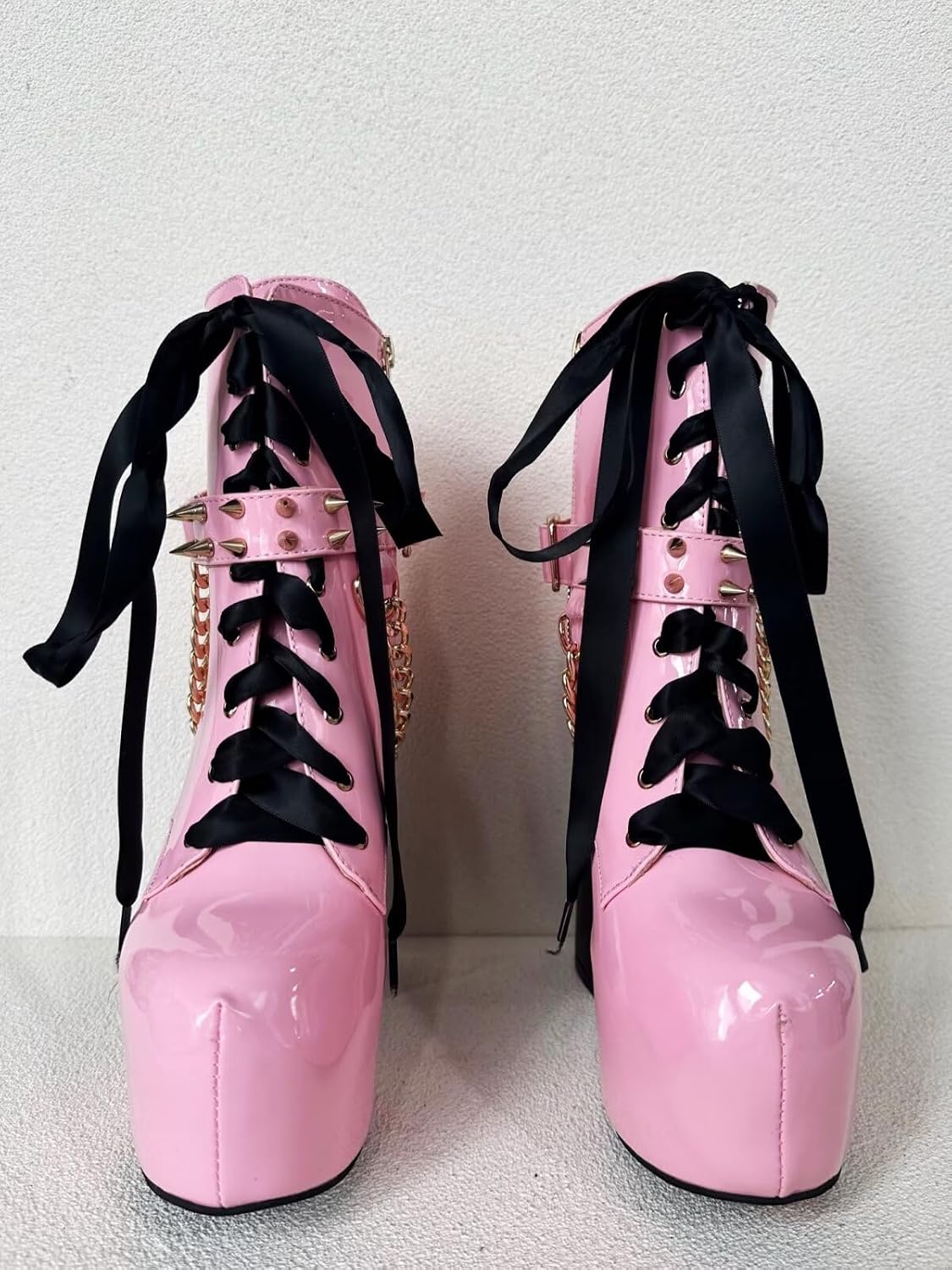 Frankie Hsu Sexig Chunky Plattform Ankel Högklackad Bootie, Söt Härlig Rosa Patent Guldkedja Nitar Lollita Gotisk Boot, Stor Stor Storlek US5-19 Skor för Kvinnor Män