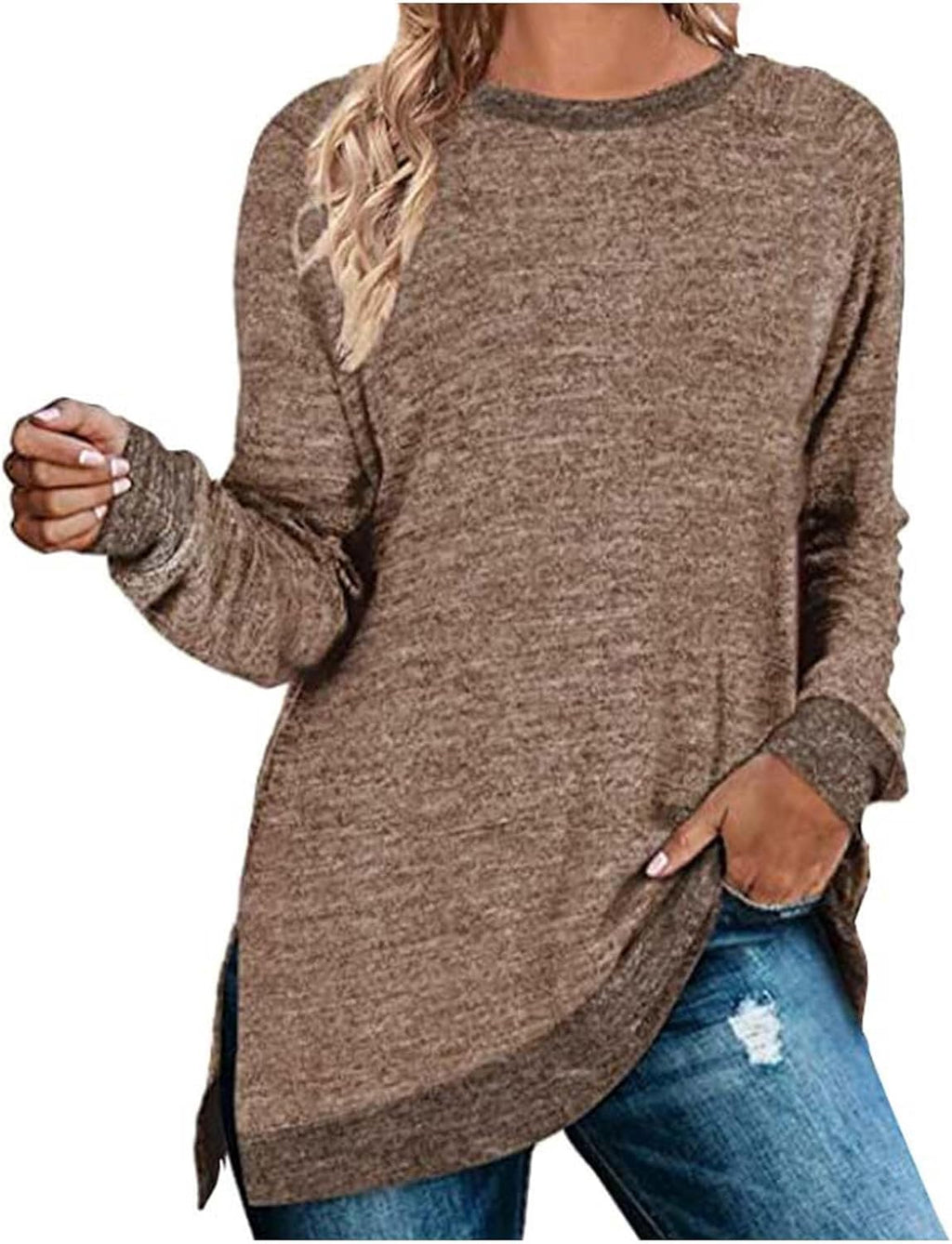 HUIFUAO T-shirt för kvinnor långärmad rund hals färgblock delad topp lös pullover topp skjorta kvinnor svart plus size t-shirt