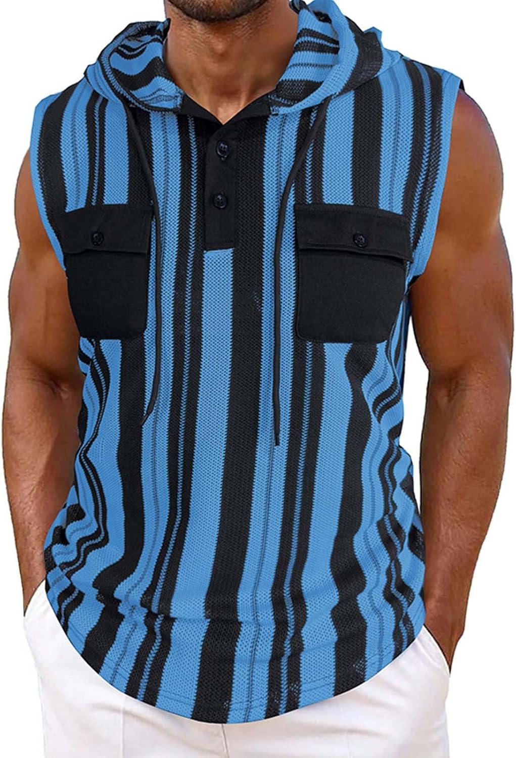 Ärmlösa västar med huva för män sommar vardaglig tank top lätt pullover väst med bröstficka och knappdetaljer urholkade randiga designvästar smal passform mode gym linne för fritid