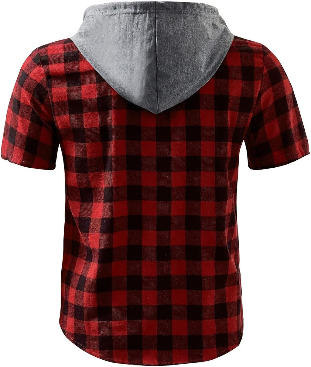 Herr rutiga huvtröjor - Kortärmad sommarskjorta för män UK rutig button down toppar lös passform andningsbara t-shirts hiphop vardagliga t-shirts utomhus träning sweatshirt lätt dragsko huvtröja