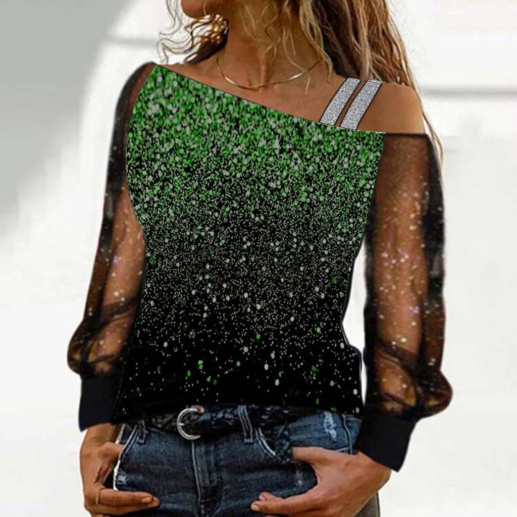Elegant damskjorta paljetter nyår axellös elegant nät med paljetter plus storlek t-shirts för fest och kväll cocktail ceremoni kurviga toppar långärmad glitter blus 2025