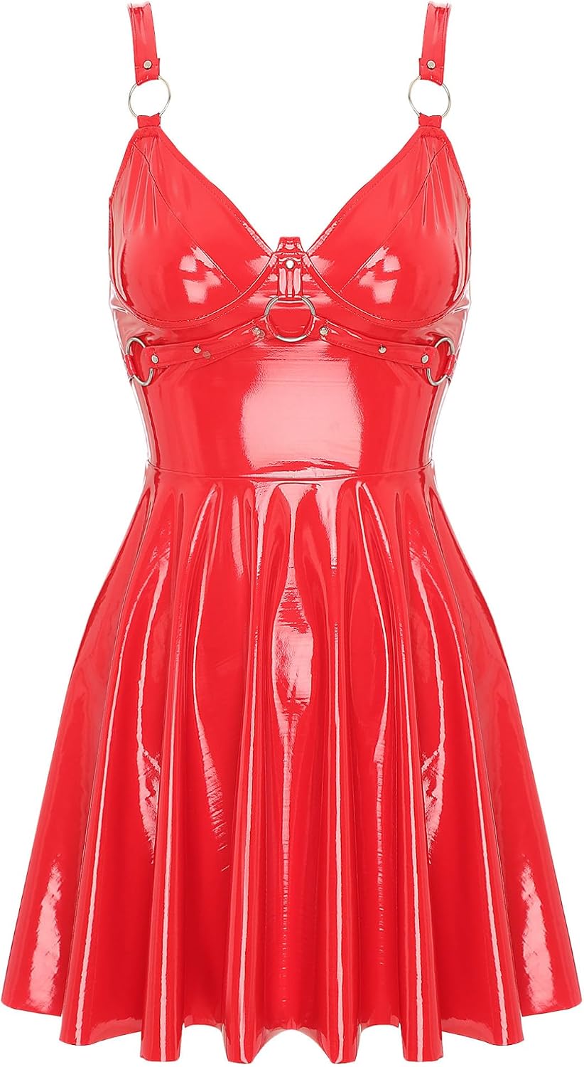 Kaerm Dam wetlook miniklänning lack latex festklänning ärmlös veckad klänning A linjer v-ringad sommarklänning med utsvängd veckad kjol klubbkläder
