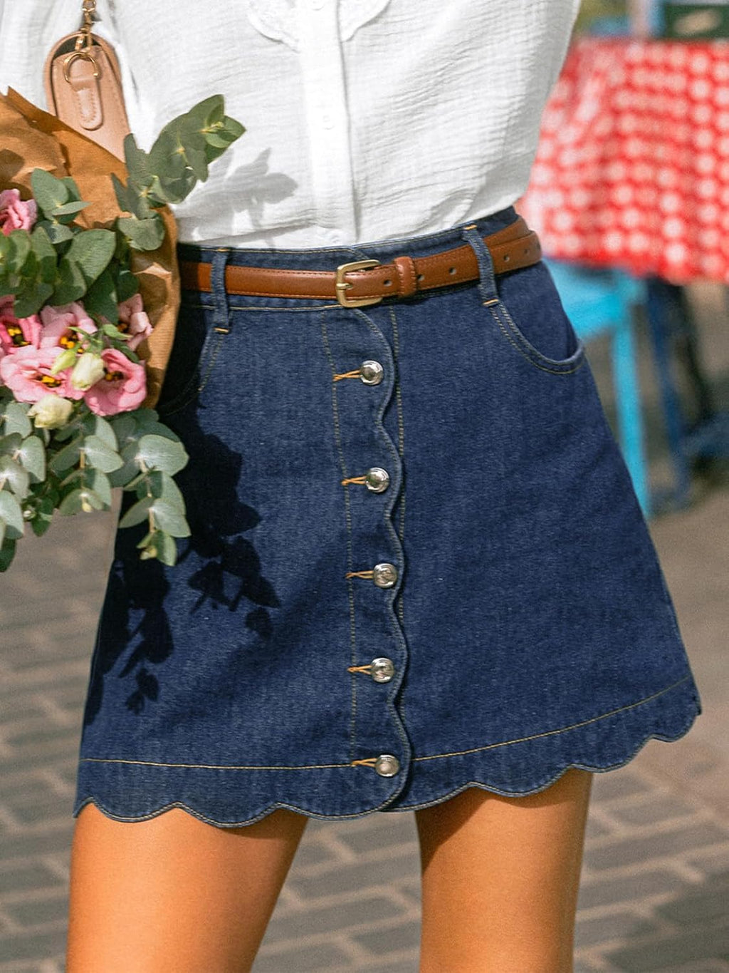 CUPSHE kvinnor denim kjol vardaglig hög midja A-linje skulpterad fåll mini jeanskjol med fickor