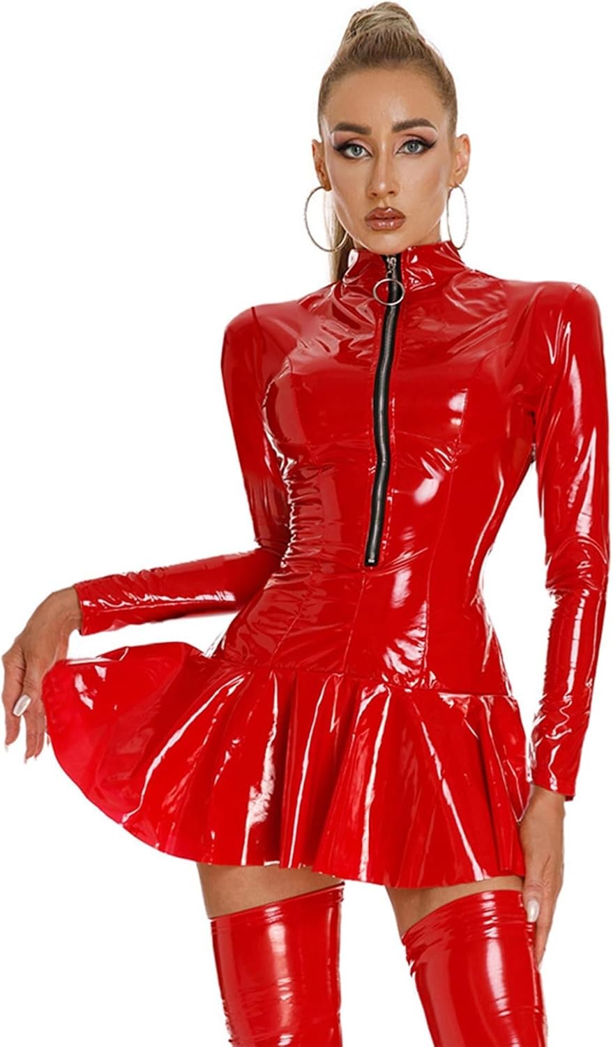PVC Bodysuit Latex Catsuit Glänsande Metallic Långärmad Grimma High Cut Dragkedja Rygglös Leotard Unitard