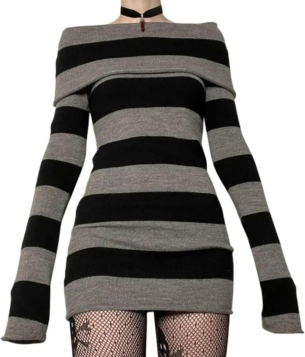 Y2K Randig Tröja Mini Klänning Mall Goth Grunge Emo Bodycon Chic Dam Off-shoulder Full Sleeve Slim Fit Klänningar 00s Vintage
