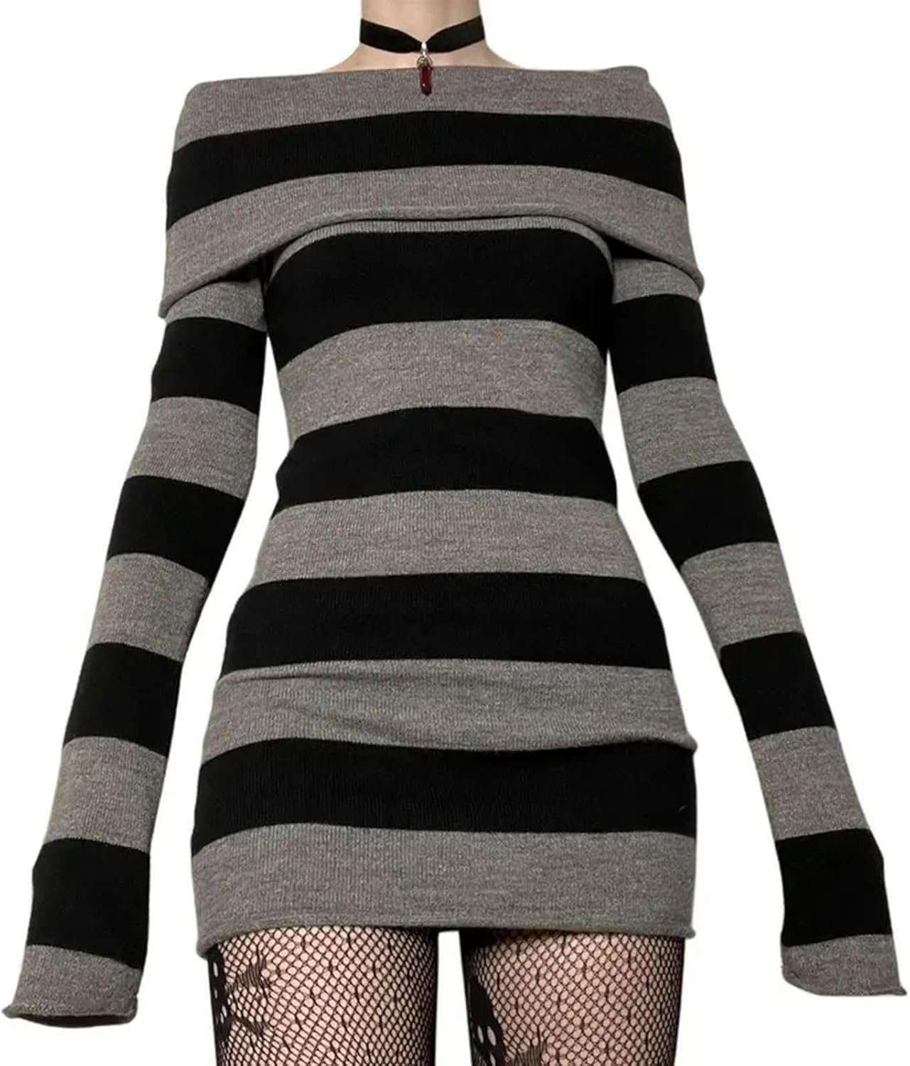 Y2K Randig Tröja Mini Klänning Mall Goth Grunge Emo Bodycon Chic Dam Off-shoulder Full Sleeve Slim Fit Klänningar 00s Vintage