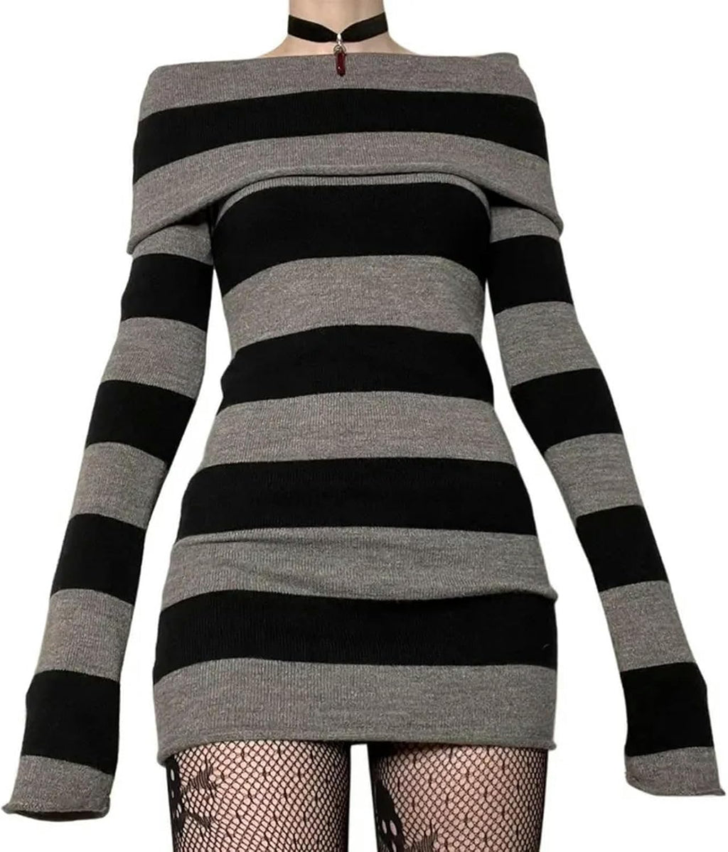 Y2K Randig Tröja Mini Klänning Mall Goth Grunge Emo Bodycon Chic Dam Off-shoulder Full Sleeve Slim Fit Klänningar 00s Vintage
