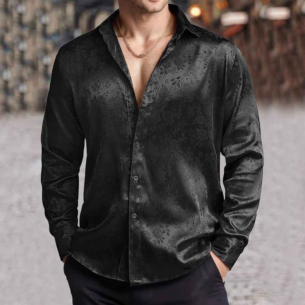 Herr lyx satinklänning skjortor glänsande siden som långärmad button down skjortor casual normal passform bröllop fest avslutningsbal toppar paljetter skjorta män