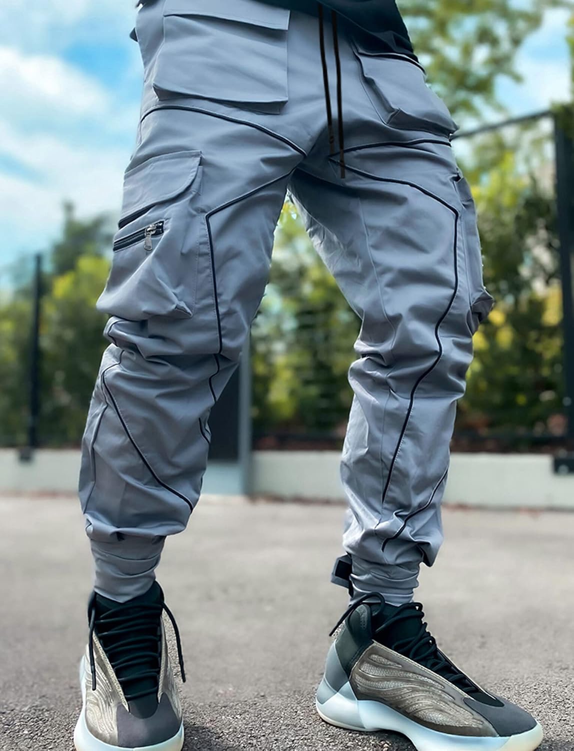 AIEOE Cargobyxor, herr, hip hop, techwear, cargobyxor med reflekterande ränder, streetwear, punkbyxor, joggingbyxor, joggingbyxor med fickor, elastisk linning