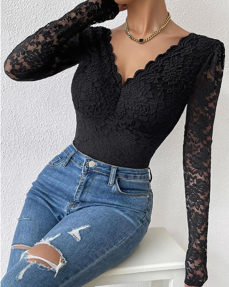 Generisk dambody med spetsar, långärmad eleganta bodys, sexig jumpsuit, toppar, bodysuit, stringtrosa, långärmad body, basic undertröja, V-ringad, party, topp, bustier, ledig, chic, body, spets, damer