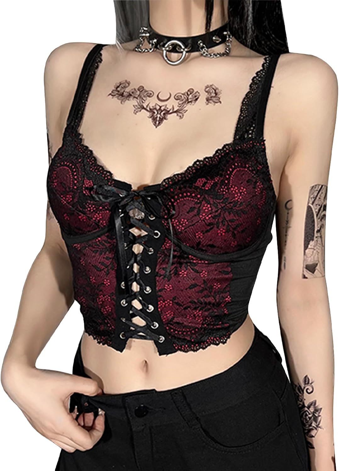 FEOYA Spets/PU gotisk väst för kvinnor sexig ärmlös punk magtröja kort/långärmad snörning toppar för halloween/cosplay/karneval/streetwear/fest/klubb/vardaglig XS-XL