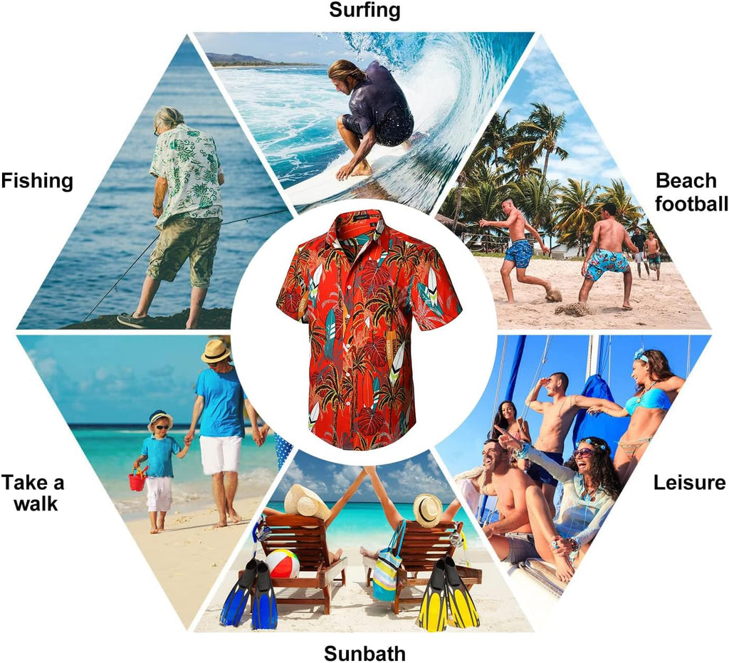 Enlision Funky Hawaii-skjorta för män, kortärmad, fritid, Hawaii-skjorta, tryck, ananas palmer, blommor, ledig, unisex, Hawaii-skjorta med framficka, S-2XL