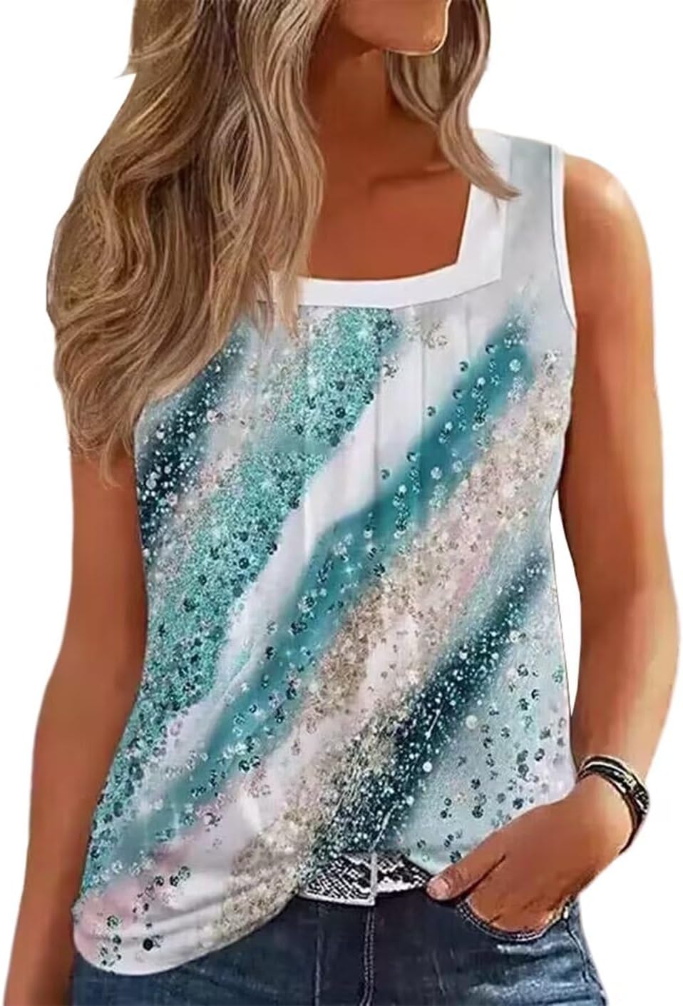AIMITAG Färgblock veckad fyrkantig krage linne kvinnor randig tank t-shirt sommar ledig lös passform ärmlös skjorta