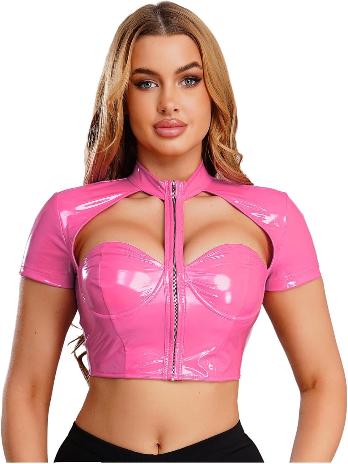 Lack läder crop top damer camisole korsett push up t-tröja med korta ärmar, klubbkläder