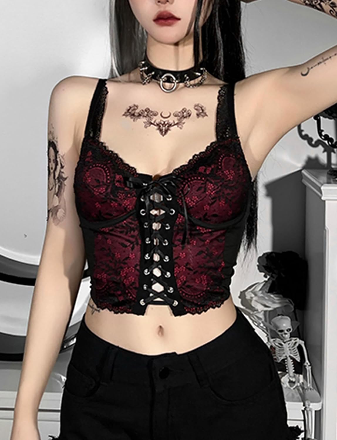 FEOYA Spets/PU gotisk väst för kvinnor sexig ärmlös punk magtröja kort/långärmad snörning toppar för halloween/cosplay/karneval/streetwear/fest/klubb/vardaglig XS-XL