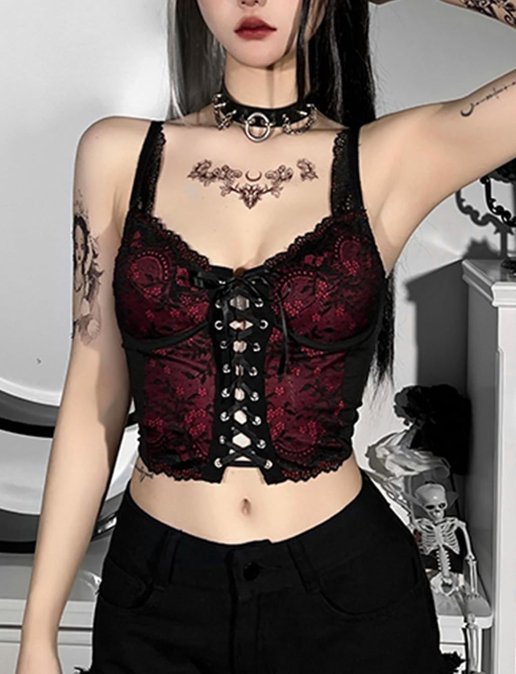 FEOYA Spets/PU gotisk väst för kvinnor sexig ärmlös punk magtröja kort/långärmad snörning toppar för halloween/cosplay/karneval/streetwear/fest/klubb/vardaglig XS-XL