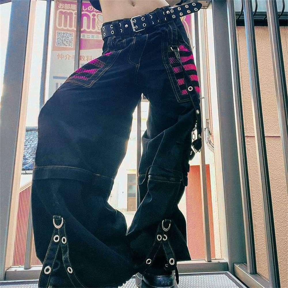 Kvinnor Y2k-jeans, gothstil, byxor i punkig emostil, säckiga, utsvängda jeans, breda ben, Harajuku grunge-byxor, hiphop-kläder