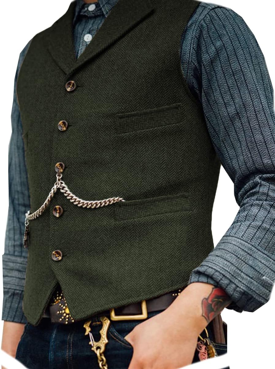 Ceehuteey Herr kostymväst i tweed med retro v-hals i ull och fiskbensmönster för bal