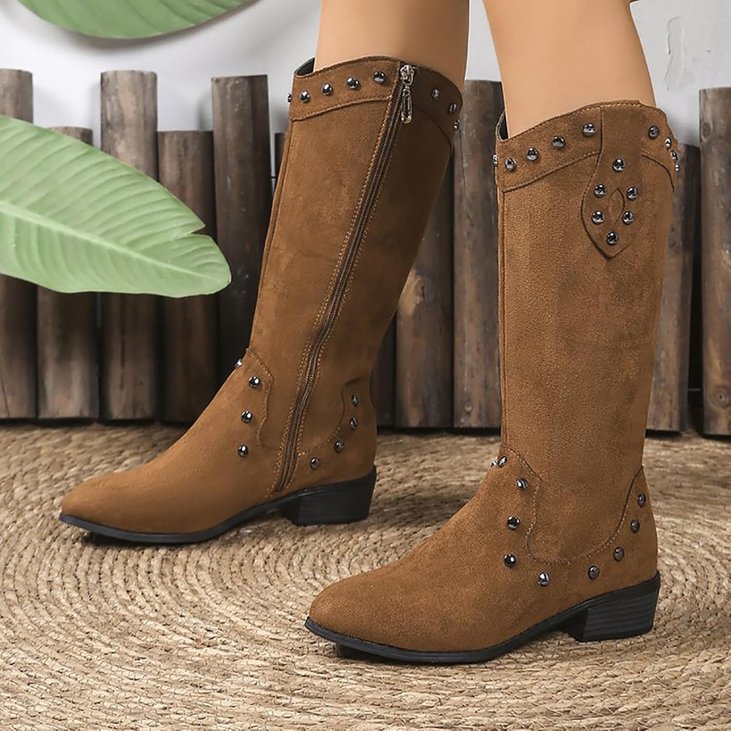 Generiska dam västerländska stövlar med klack, cowboystövlar dam medelstora höga vandringskängor med blockklack övergångsstövlar vintage halvstövlar western cowgirl stövlar slip-stövlar Chelsea