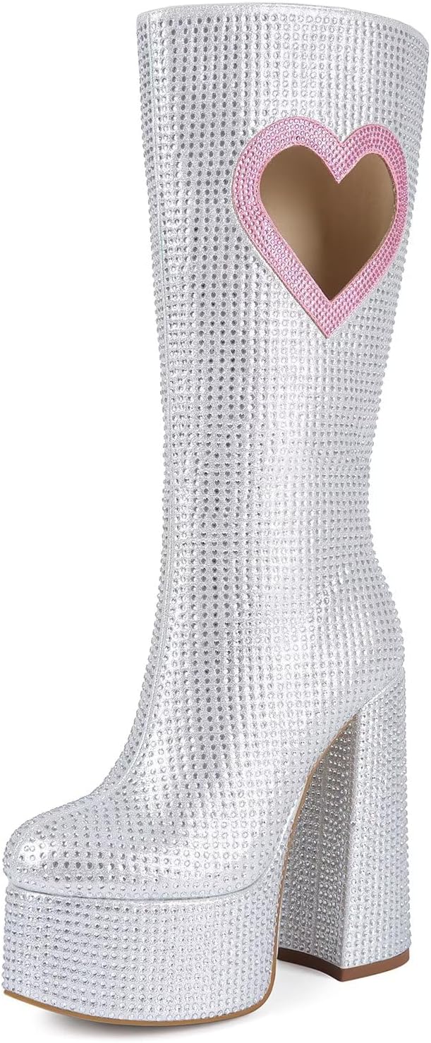 Frankie Hsu söt söt härlig tjock plattform knä högklackad känga, silver rosa hjärta strass ädelsten het flicka stor storlek bred vad långa stövlar för kvinnor män