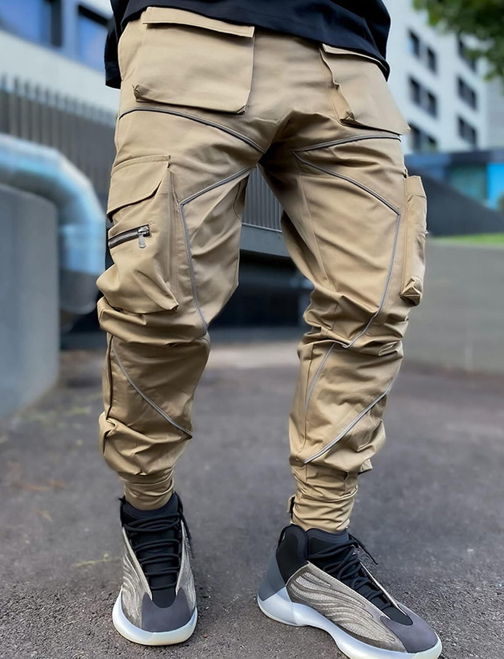 AIEOE Cargobyxor, herr, hip hop, techwear, cargobyxor med reflekterande ränder, streetwear, punkbyxor, joggingbyxor, joggingbyxor med fickor, elastisk linning