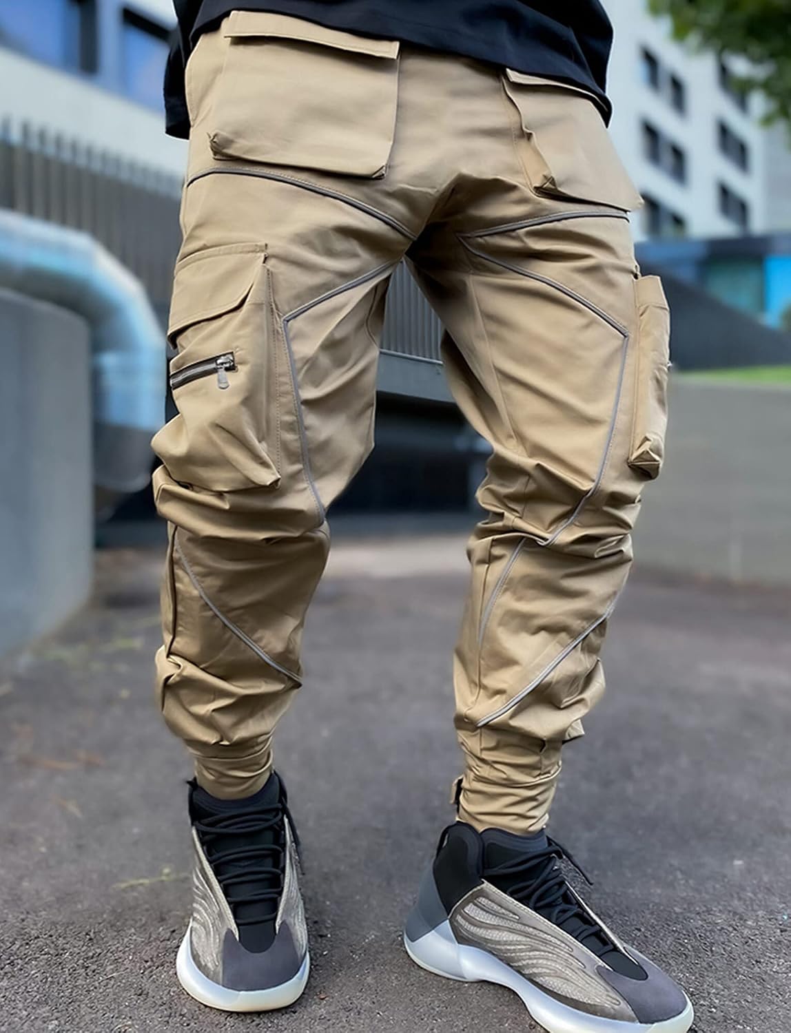 AIEOE Cargobyxor, herr, hip hop, techwear, cargobyxor med reflekterande ränder, streetwear, punkbyxor, joggingbyxor, joggingbyxor med fickor, elastisk linning