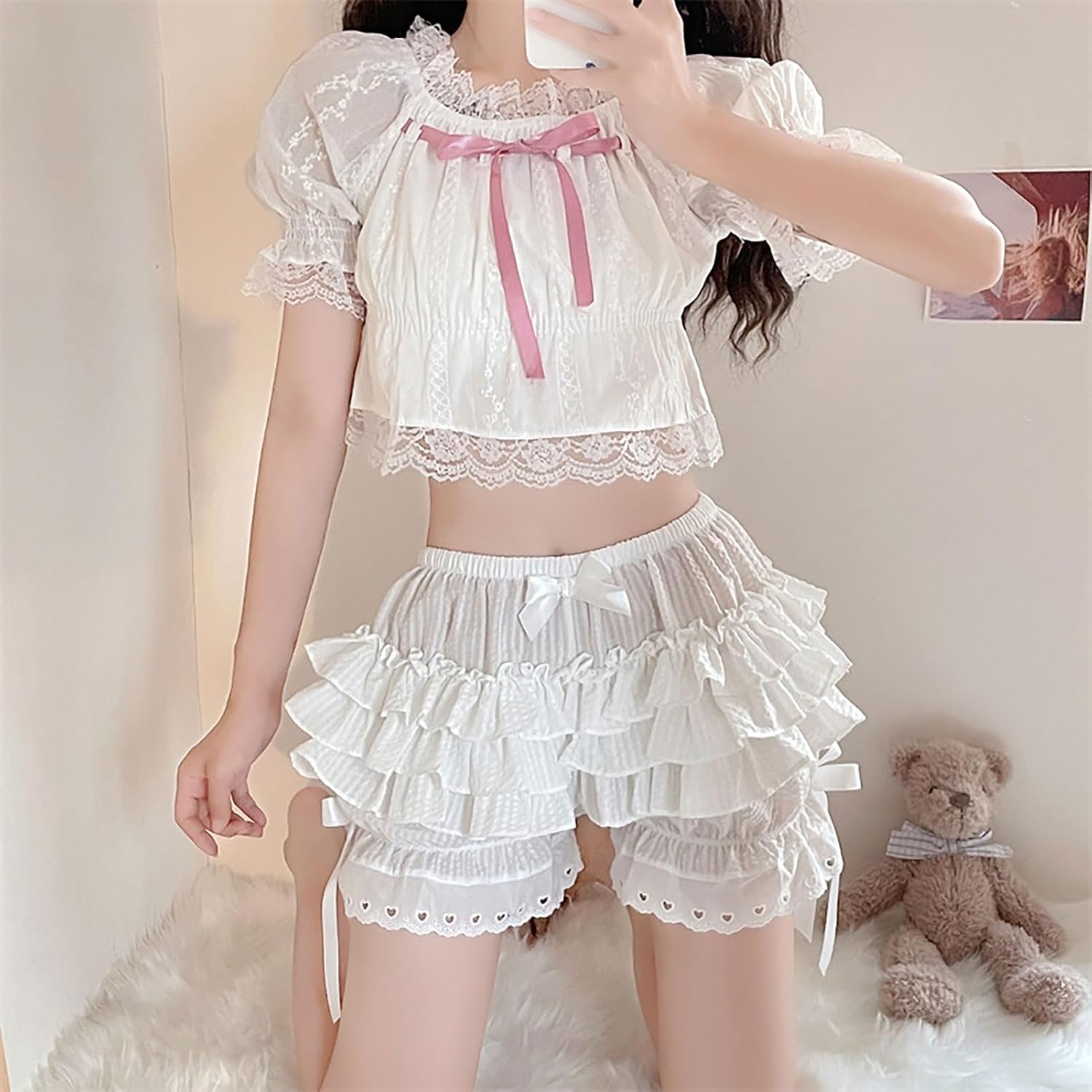 Kvinnor Spets Volanger Shorts Y2K Lolita Bloomers Fairy Lace Trim Volang Layered Trosor Bottom Shorts Med Hög Midja