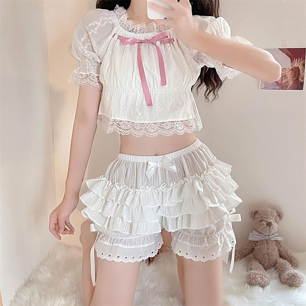 Kvinnor Spets Volanger Shorts Y2K Lolita Bloomers Fairy Lace Trim Volang Layered Trosor Bottom Shorts Med Hög Midja