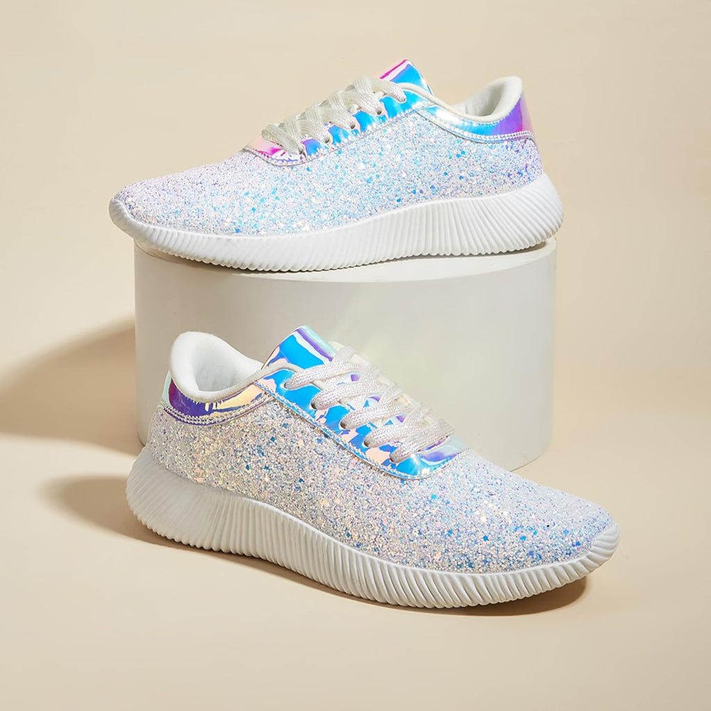 LUCKY STEP Briljanta sneakers för kvinnor med strass och metallpaljetter, lätta tennisskor