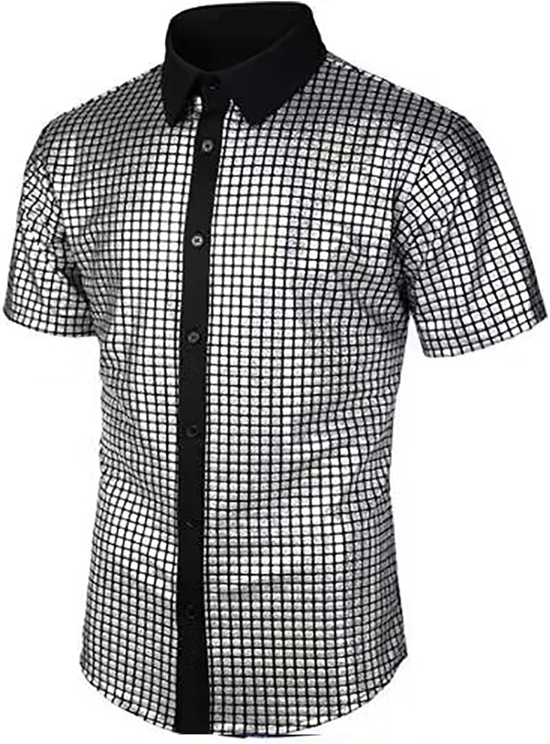 Disco-skjortor för män | Sparkle Sequin Shirts | Skinande metalliska kortärmad skjortor | Glitterskjorta | Slim Fit Button-Down tröjor för nattklubb rock bal hiphop disco partydräkt
