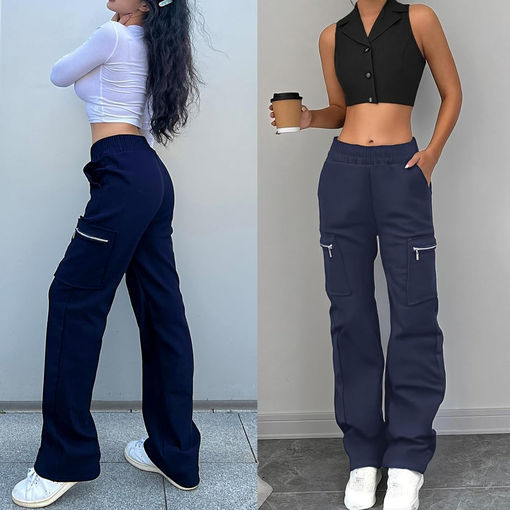 Nuofengkudu Dam breda ben stridsbyxor med blixtlåsfickor stretch hög midja arbete långa byxor lös passform loungekläder Y2K tonårstjejer streetwear ledig