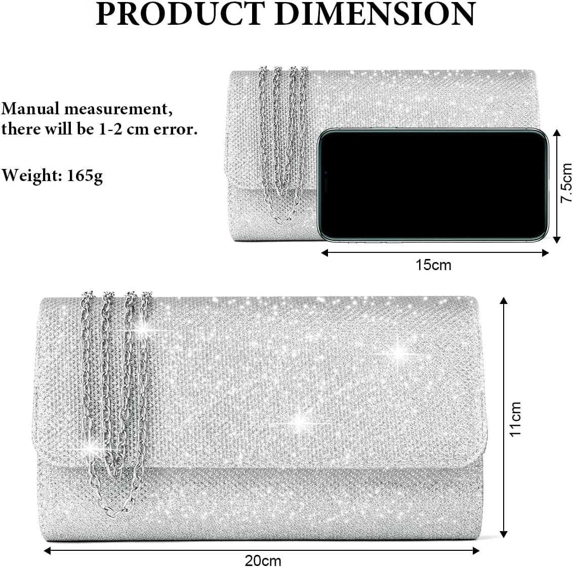 OSDUE kuvertväska för kvinnor, glitter, kuvert, kuvertväska med avtagbar kedjerem, eleganta paljetter, aftonväska för bröllop, brud, bal, cocktailparty, aftonväska för damer, Glitter fyrkantig