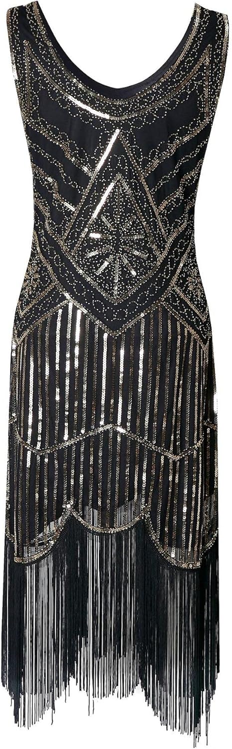 Hahaemma 1920-tals-vintageklänning, flapper-/charleston-klänning, Great Gatsby, med paljetter, tofsar och fåll, som examensbalklänning, aftonklänning, cocktailklänning eller kostymklänning