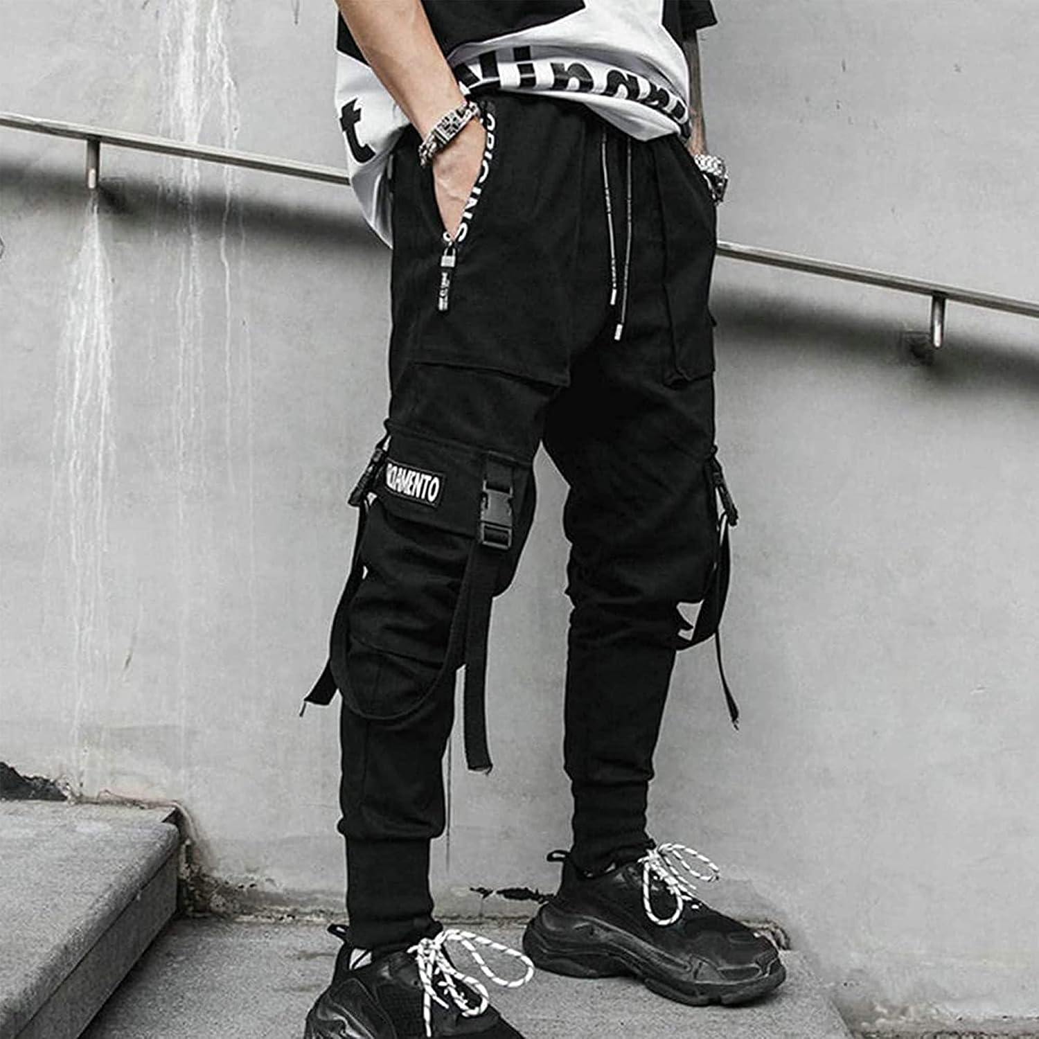 XYXIONGMAO Joggingbyxor för män, techwear, hiphop, haremsbyxor, streetwear, taktiska träningsbyxor, Svart, M