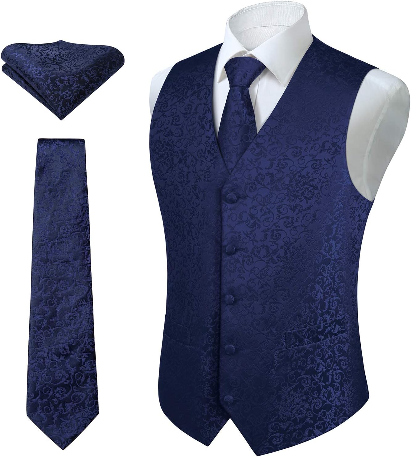 Hisdern Herrväst med paisleymönster, blommig jacquard-slips, bröstnäsduk och näsduk, perfekt för bröllop, fest eller affärsmöten, väst-set för kostym i storlekarna XS–6XL