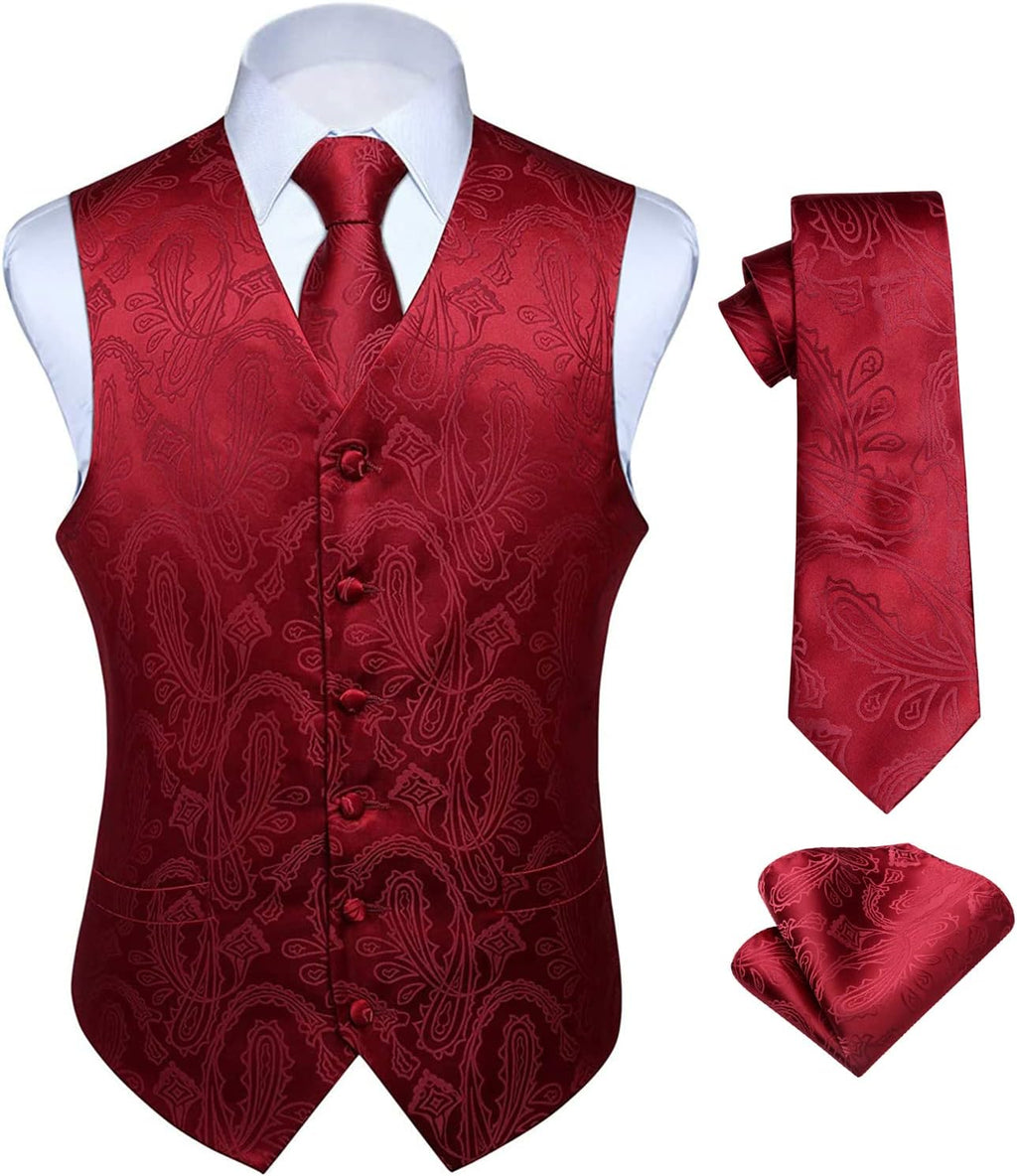 Hisdern Herrväst med paisleymönster, blommig jacquard-slips, bröstnäsduk och näsduk, perfekt för bröllop, fest eller affärsmöten, väst-set för kostym i storlekarna XS–6XL
