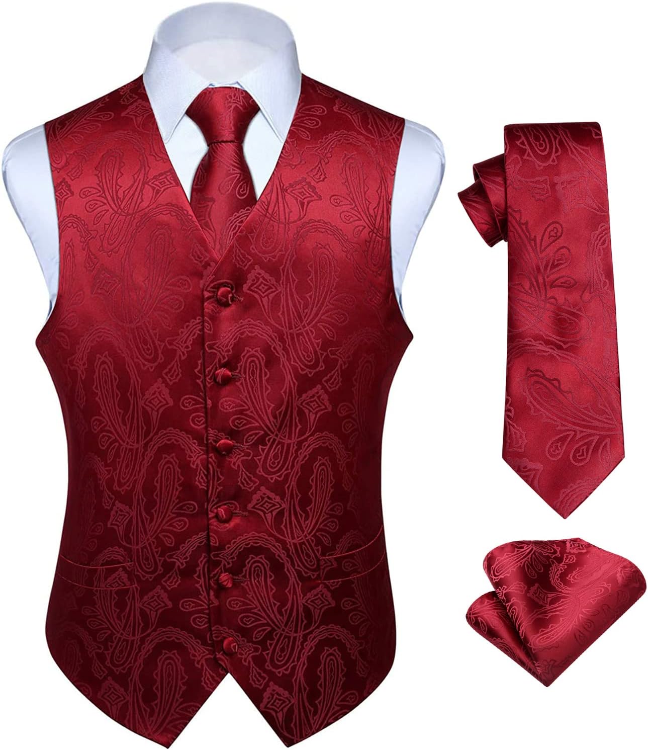 Hisdern Herrväst med paisleymönster, blommig jacquard-slips, bröstnäsduk och näsduk, perfekt för bröllop, fest eller affärsmöten, väst-set för kostym i storlekarna XS–6XL