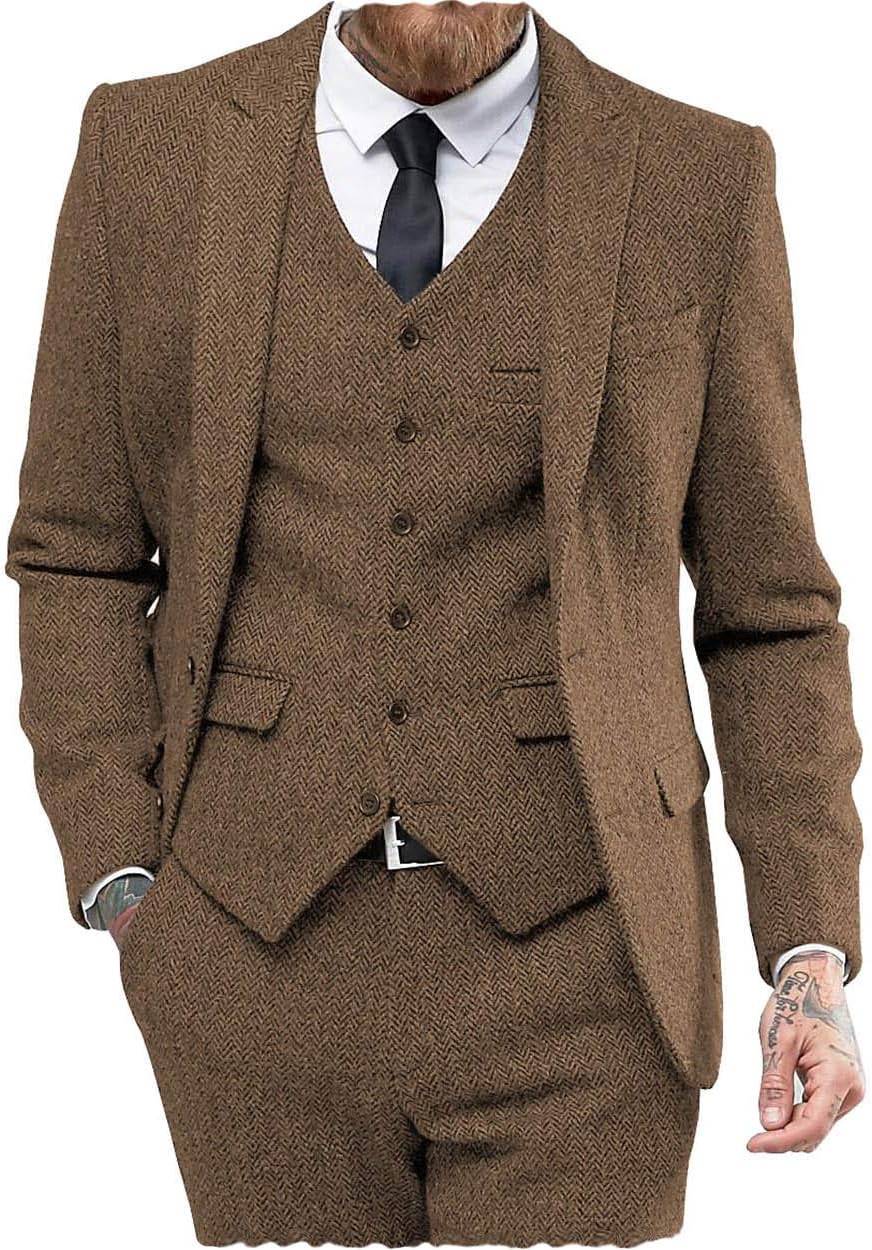 Klassiska herrkostymer normal passform 3 delar ull tweed fiskben by smoking bröllop brudgum blazer + väst + byxor