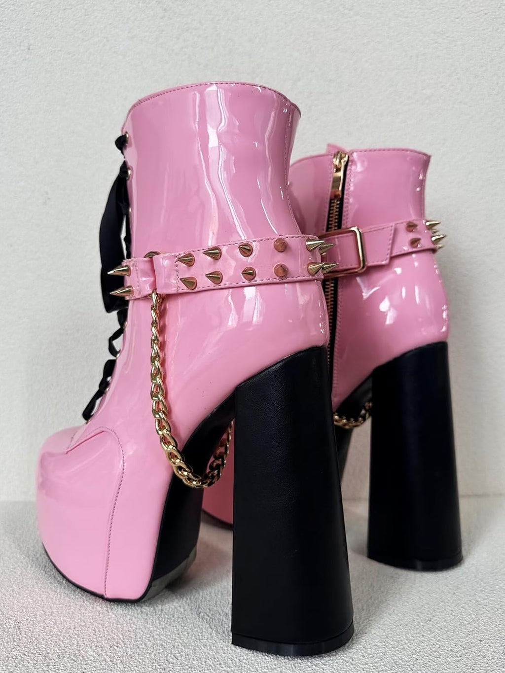 Frankie Hsu Sexig Chunky Plattform Ankel Högklackad Bootie, Söt Härlig Rosa Patent Guldkedja Nitar Lollita Gotisk Boot, Stor Stor Storlek US5-19 Skor för Kvinnor Män
