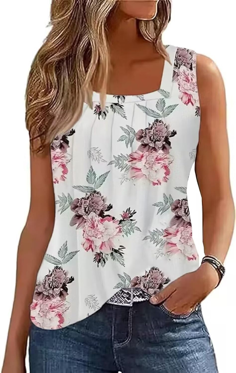 AIMITAG Färgblock veckad fyrkantig krage linne kvinnor randig tank t-shirt sommar ledig lös passform ärmlös skjorta