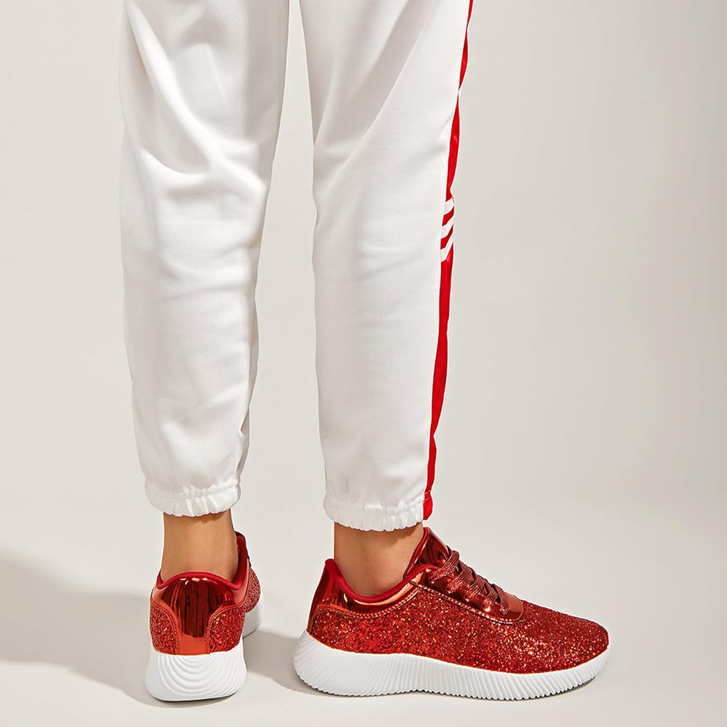 LUCKY STEP Briljanta sneakers för kvinnor med strass och metallpaljetter, lätta tennisskor