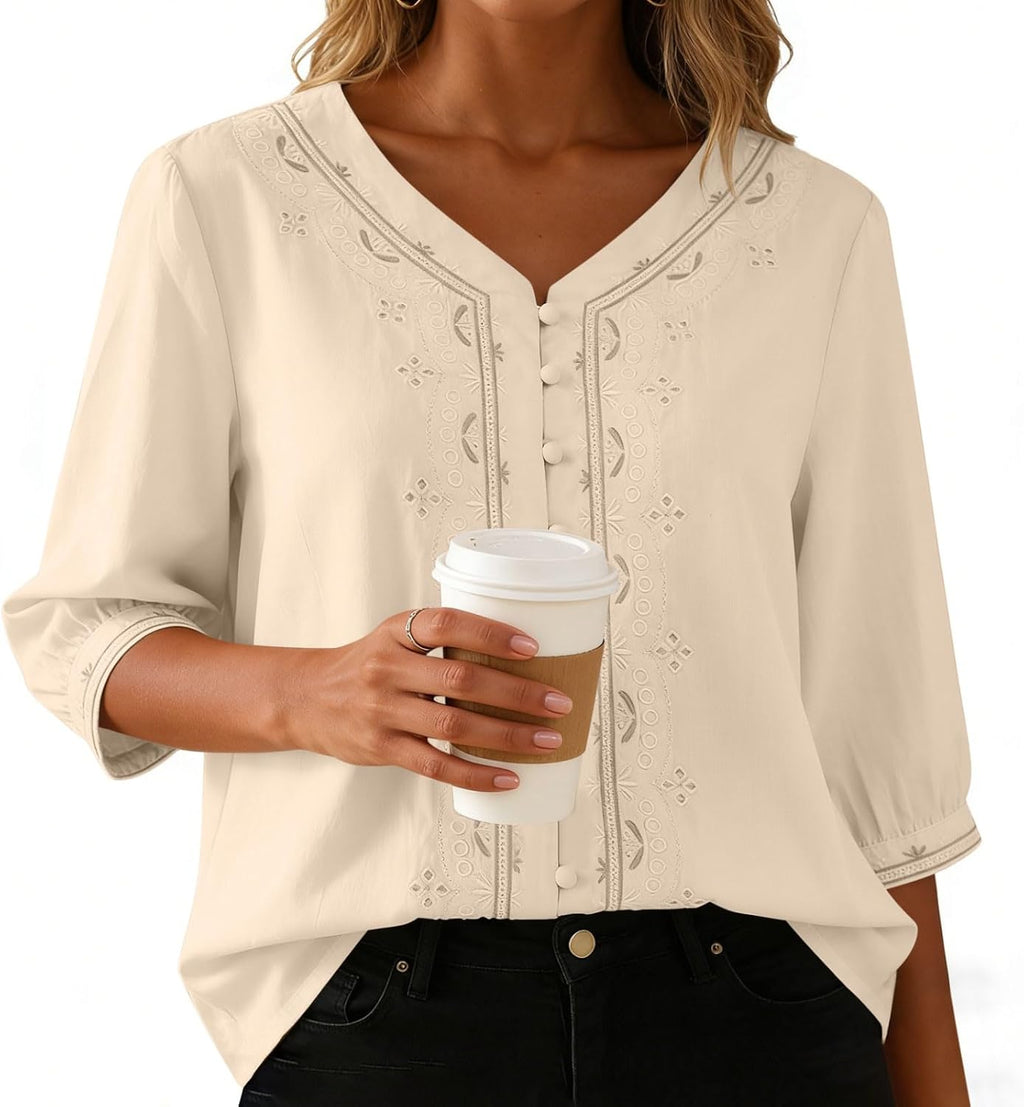 Kvinnors boho toppar bomull linne halvärm v-ringad retro broderade skjortor groda knapp kinesisk stil skjorta damer lös ledig sommar topp